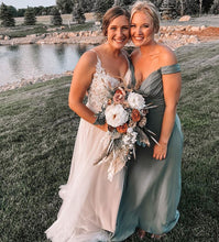 Load image into Gallery viewer, Off the Shoulder Sage Bridesmaid Dresses under 100