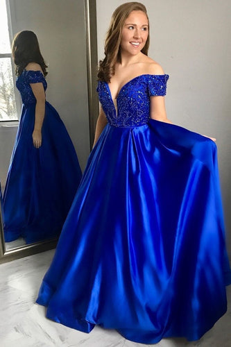 Off the Shoulder Royal Blue Long Prom Dresses with Beaded