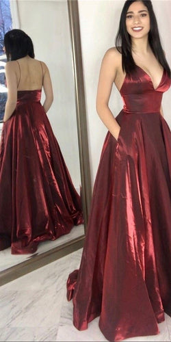 Burgundy Spaghetti Straps Prom Dresses with Pockets