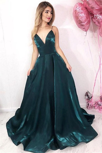 Dark Green Spaghetti Straps Prom Dresses Long
