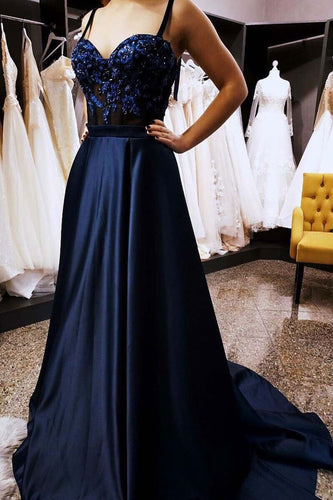 Spaghetti Straps Navy Blue Long Prom Dresses with Appliques