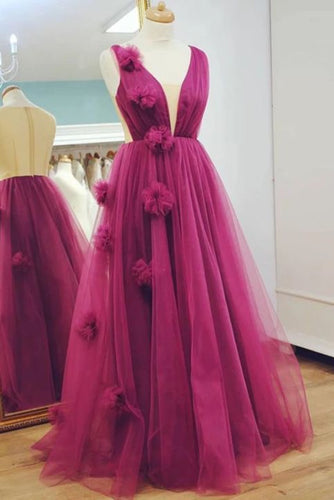 Deep V Neck Fuchsia Prom Dresses with 3D Flowers