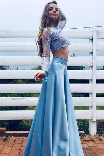 Two Piece Sky Blue Long Prom Dresses with Sleeves