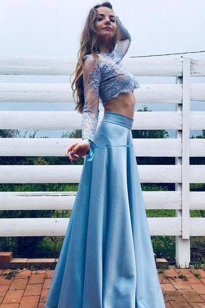 Two Piece Sky Blue Long Prom Dresses with Sleeves