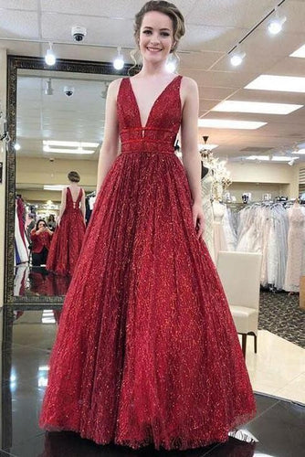 V Neck Burgundy Long Prom Dresses for Women