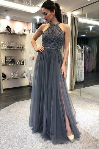 Halter Grey Long Prom Dresses with Beaded