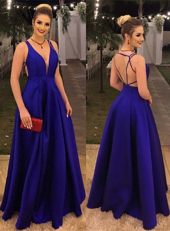 V Neck Criss Cross Royal Blue Prom Dresses Under 100