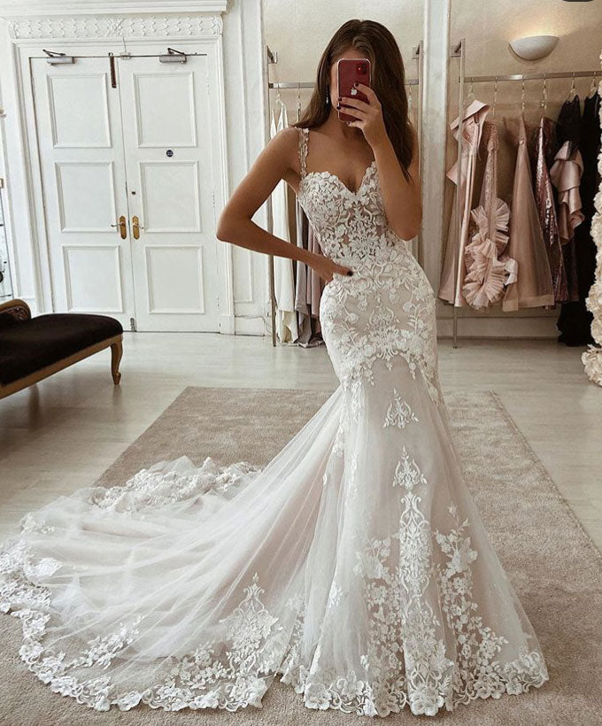 Spaghetti Straps Mermaid Wedding Dresses Bridal Gown with Appliques