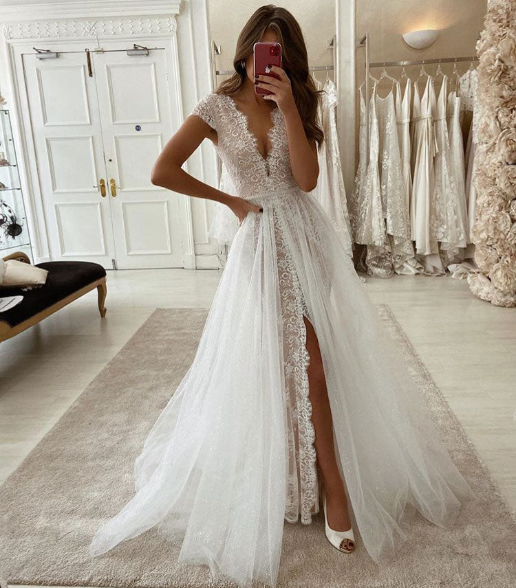 V Neck Split Side Wedding Dresses Bridal Gown