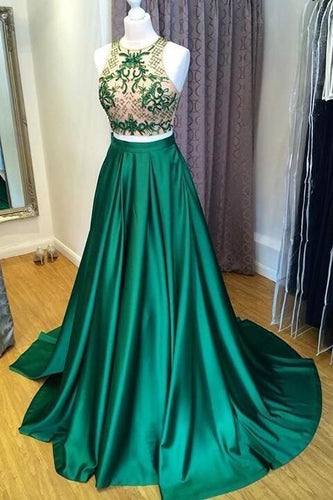 Two Piece Green Long Prom Dresses with Rhinestones