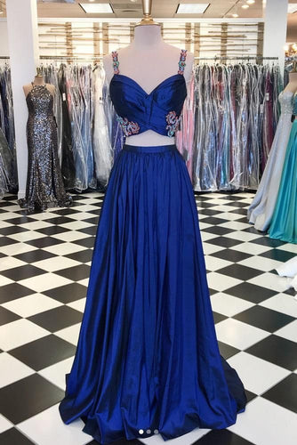 Two Piece Royal Blue Prom Dresses with Floral Appliques