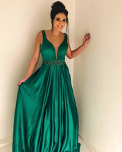 Load image into Gallery viewer, V Neck Long Green Prom Dresses Waist with Rhinestones