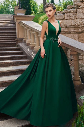 Deep V Neck Green Long Prom Dresses Waist with Appliques