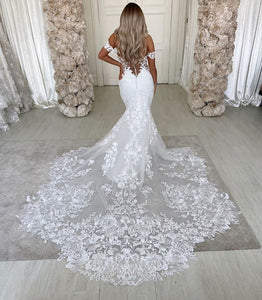 Off the Shoulder Mermaid Wedding Dresses Bridal Gown with Appliques Lace