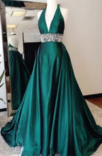 Load image into Gallery viewer, Halter Dark Green Long Prom Dresses Waist with Rhinestones