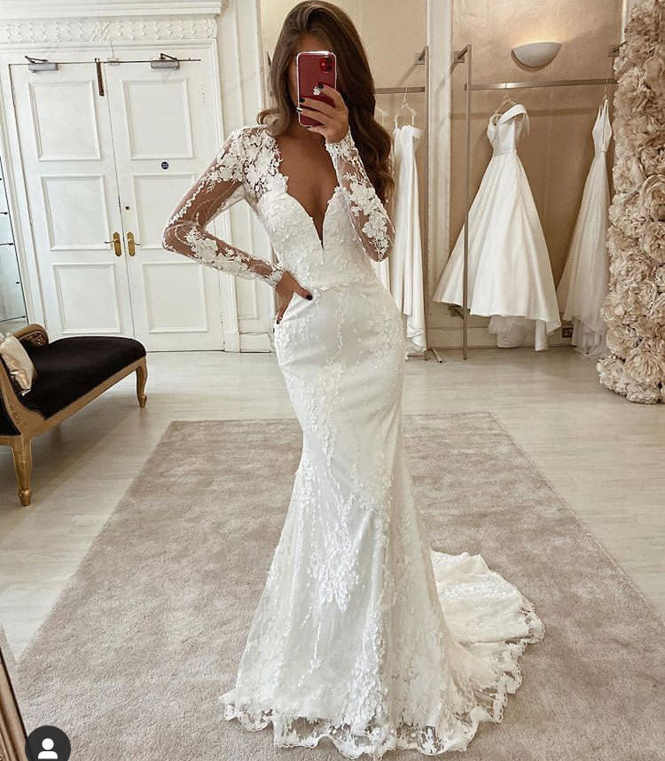 V Neck Mermaid Wedding Dresses Bridal Gown with Full Sleeves