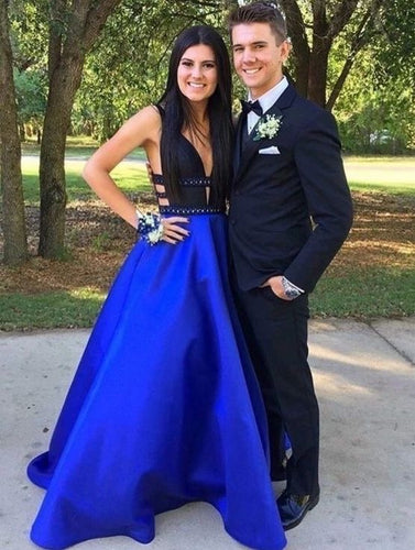 Deep V Neck Royal Blue Long Prom Dresses