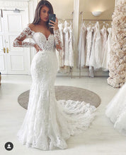 Load image into Gallery viewer, Off the Shoulder V Neck Mermaid Wedding Dresses Bridal Gown with Appliques