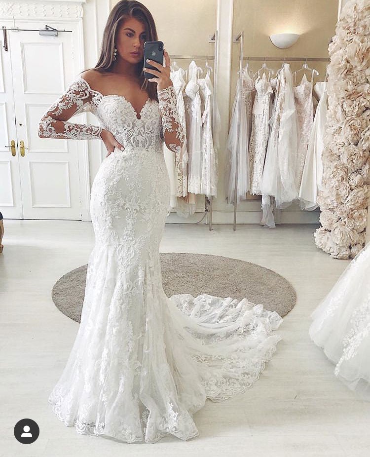 Off the Shoulder V Neck Mermaid Wedding Dresses Bridal Gown with Appliques