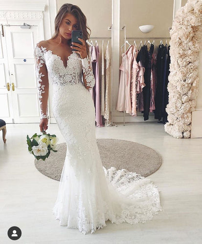 Mermaid Lace V Neck Wedding Dresses Bridal Gown