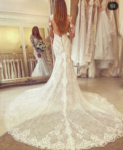 V Neck Lace Wedding Dresses Bridal Gown with Full Sleeves