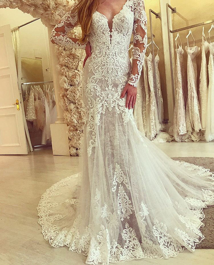 V Neck Lace Wedding Dresses Bridal Gown with Full Sleeves