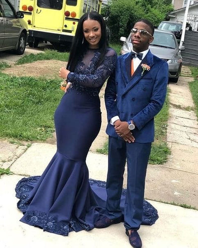 Navy Blue Mermaid Prom Dresses with Sleeves Appliques