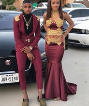 Load image into Gallery viewer, Two Piece Maroon Prom Dresses with Gold Appliques