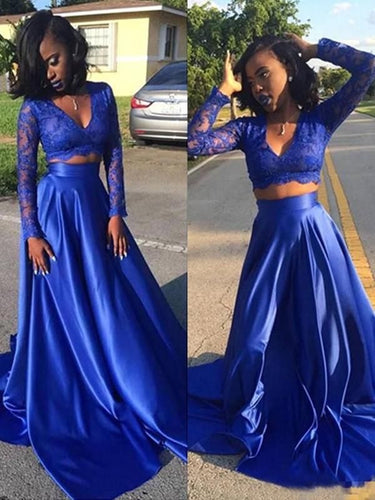 Two Piece V Neck Royal Blue Prom Dresses with Appliques