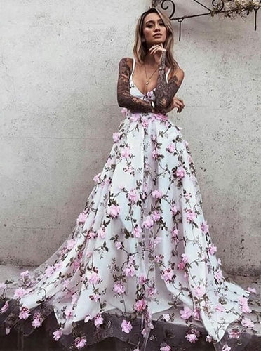 Spaghetti Straps Floral Long Prom Dresses for Women