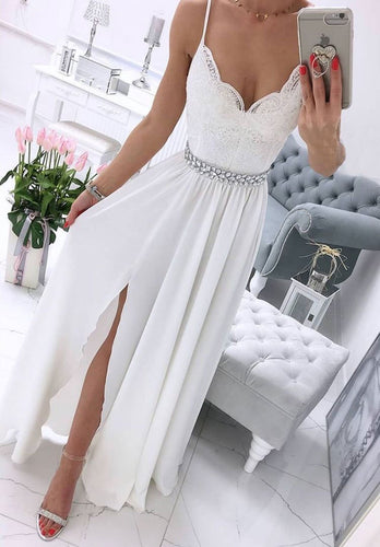 Spaghetti Straps White Split Side Prom Dresses with Rhinestones