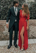 Load image into Gallery viewer, Deep V Neck Red Prom Dresses with Split Side