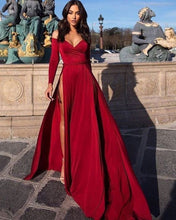 Load image into Gallery viewer, Off the Shoulder Split Side Red Prom Dresses