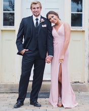 Load image into Gallery viewer, V Neck Pearl Pink Bridesmaid Dresses with Slit Side