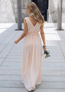 V Neck V Back Peach Pink Bridesmaid Dresses under 100