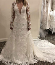 Load image into Gallery viewer, Deep V Neck Lace Wedding Dresses Bridal Gown with Sleeves