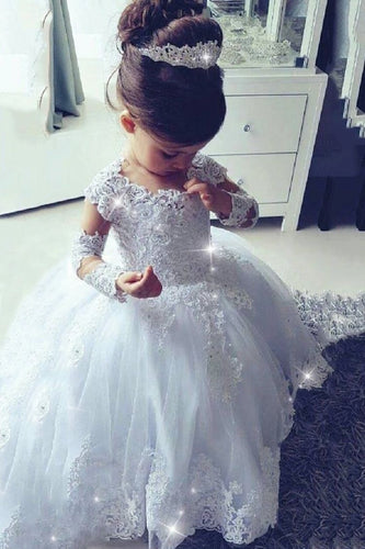 White Flower Girl Dresses with Sleeves Appliques Pearls