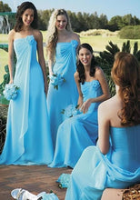 Load image into Gallery viewer, Blue Floor Length Bridesmaid Dresses with Handmade Flower