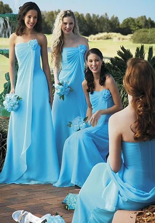 Blue Floor Length Bridesmaid Dresses with Handmade Flower