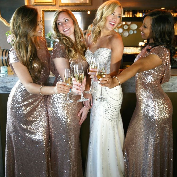 Rose Gold Sheath Long Bridesmaid Dresses Sequined MBG0