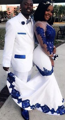 Mermaid Long Prom Dresses with Royal Blue Appliques