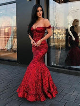 Load image into Gallery viewer, Off the Shoulder Burgundy Prom Dresses Sequins