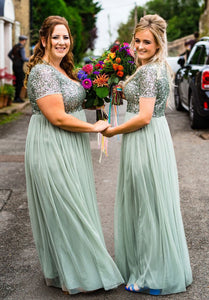 V Neck Long Bridesmaid Dresses with Short Sleeves