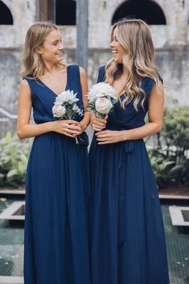 V Neck Royal Blue Bridesmaid Dresses Floor Length