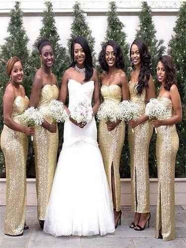 Ankle Length Gold Bridesmaid Dresses Sequined