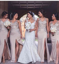 Load image into Gallery viewer, V Neck Split Side Bridesmaid Dresses with Appliques