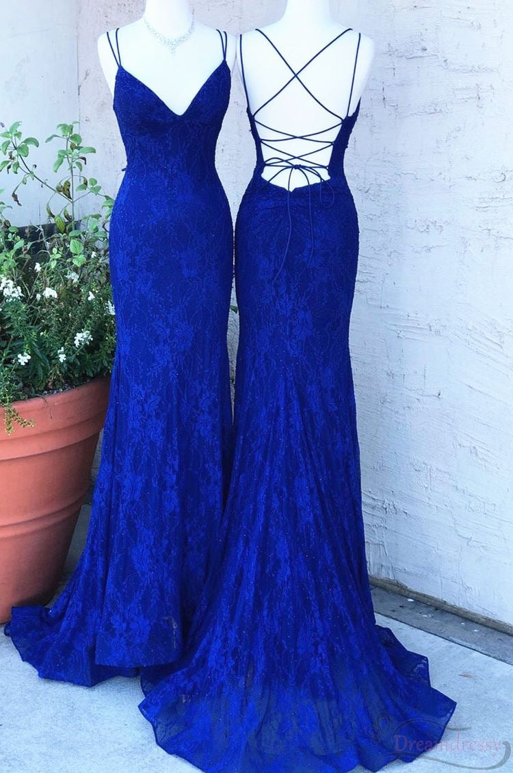 Royal Blue Lace Sheath Prom Dresses Spaghetti Straps