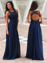 Load image into Gallery viewer, Navy Blue Long Open Back Bridesmaid Dresses with Lace