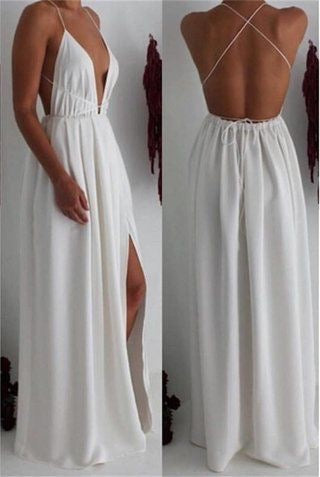 Spaghetti Straps White Split Side Prom Dresses under 100 JH8