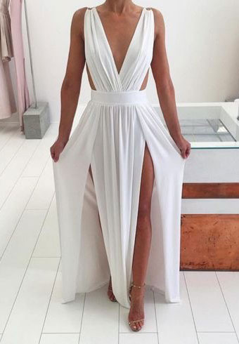 Deep V Neck White Split Side Prom Dresses under 100 JH9